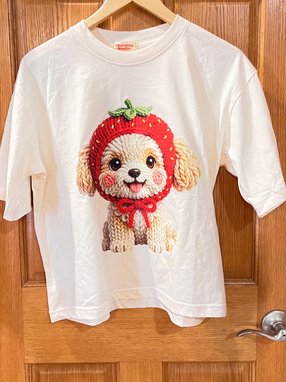 Cute Puppy Strawberry Graphic Tee - White